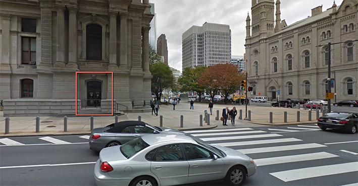 North East entrance to City Hall. Picture from Google Maps, edited by Angela Andrews